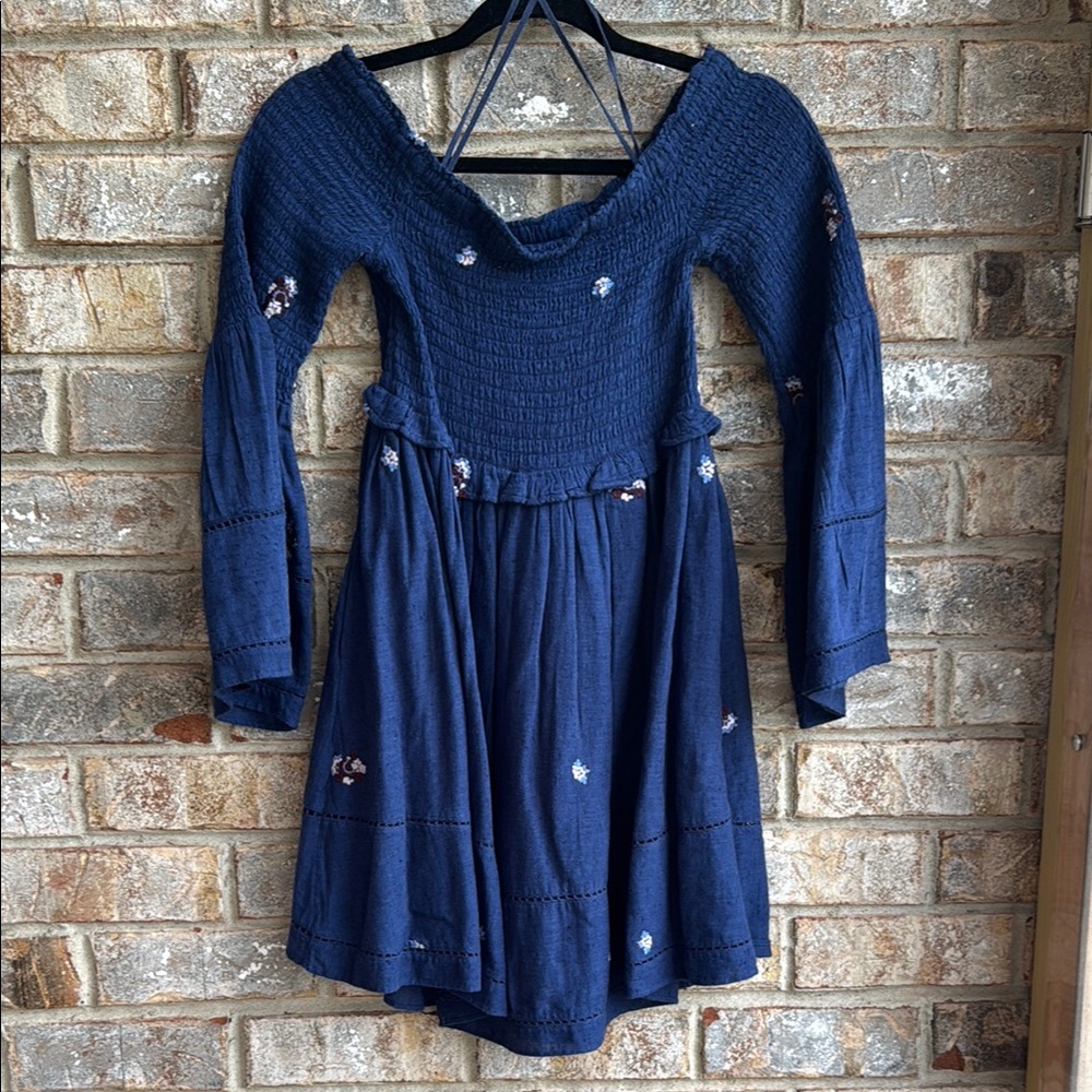Free People Blue Dress. Smocked. Embroidered